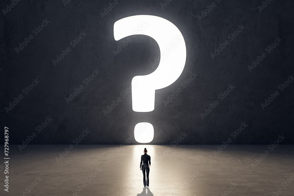 Poster back view of tiny man in concrete room interior with huge bright question mark opening. doubt and ch