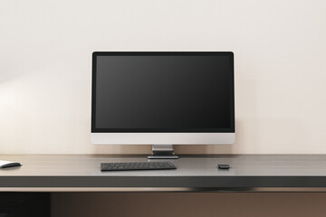 Close up of contemporary designer office interior with empty computer monitor and other items. Mock up, 3D Rendering.