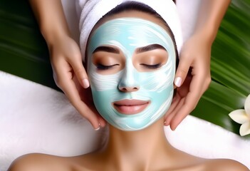 Woman receiving a facial mask from a spa professional