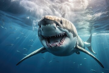 Witness the awe-inspiring sight of a great white shark as it effortlessly glides through the ocean depths, Underwater view of a great white shark, AI Generated