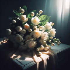 Jasmine bouquet with dramatic side light. Flowers and plants in spring. AI generated