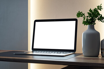 Stylish workspace with illuminated desk, green plant decor, and minimalist design. 3D Rendering