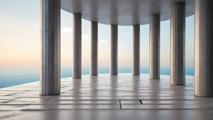 Abstract 3D pillars with a polished concrete surface creating a serene atmosphere.