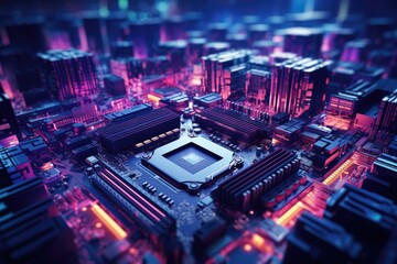 Fototapeta premium Aerial View of a Vibrant Cityscape Illuminated Against the Night Sky, Vibrant pulsating lights on a dark motherboard, AI Generated
