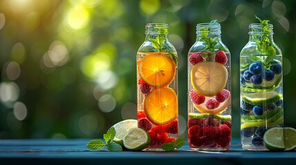 Three bottles of citrus-infused water burst with color and promise a refreshing taste sensation. - obrazy, fototapety, plakaty