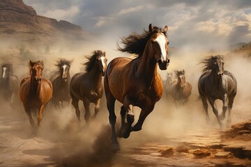 A breathtaking moment captured of a large group of horses galloping across a dusty field, Wild, galloping horses in the American West, AI Generated