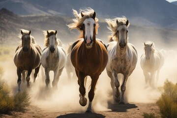 Obraz premium A dynamic photo capturing the energy and grace of a group of horses running together on a dusty rural road, Wild, galloping horses in the American West, AI Generated