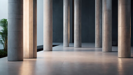 Abstract 3D pillars with a polished concrete surface creating a serene atmosphere.