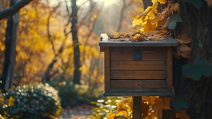 Charming wooden mailbox amidst autumn leaves creating a quaint countryside ambiance