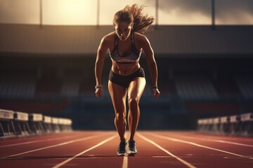 A determined woman sprinting on a track in a bustling stadium filled with spectators, Woman sprinter leaving starting blocks on the athletic track, AI Generated - obrazy, fototapety, plakaty