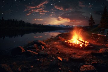 A mesmerizing photo capturing a campfires warm glow as it illuminates the stillness of a lake at night, Wonderful evening atmospheric background of campfire, AI Generated