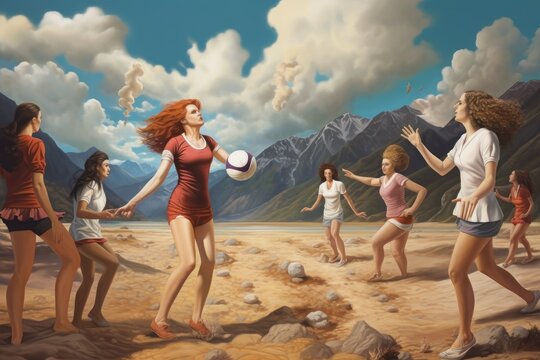A lively group of women engaged in a game of frisbee in a captivating painting, Women playing volleyball match, AI Generated