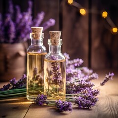 Essentials oils with lavender flowers. Wellness still-life. Ai created.