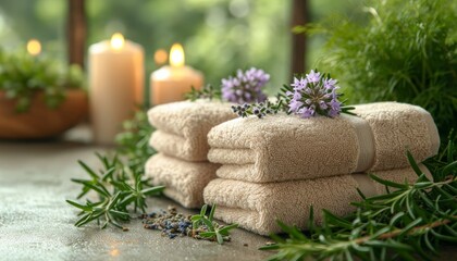 Spa treatments. Beige towels folded against a background of green flowers. Ai created.