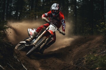A person riding a dirt bike on a trail, experiencing the thrill and excitement of off-road adventure, Young male motocross rider racing in forest, AI Generated - obrazy, fototapety, plakaty