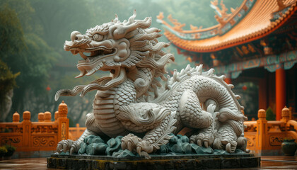 Fototapeta premium Stone Dragon Sculpture, Majestic Mythical Creature