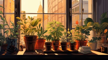 Indoor flowers are on the windowsill. Landscaping of the apartment, creating comfort and coziness.