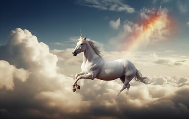 Obraz na płótnie Canvas unicorn runs through the clouds past the rainbow 