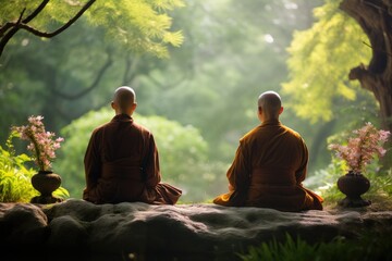 Two monks peacefully sitting on a rock surrounded by trees in a serene forest, Zen Buddhist monks meditating in a tranquil garden, AI Generated - obrazy, fototapety, plakaty