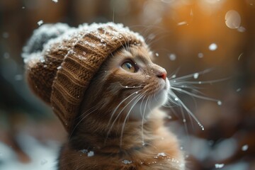 A cozy feline dons a warm knit hat amidst a snowy wonderland, embracing the beauty of winter and showcasing the innate resilience of outdoor creatures - obrazy, fototapety, plakaty