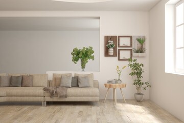 White living room with sofa. Scandinavian interior design. 3D illustration