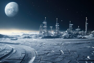 An awe-inspiring image of a futuristic city set on a snow-covered surface, with a breathtaking moon hovering in the background, Lunar surface with a futuristic business complex, AI Generated
