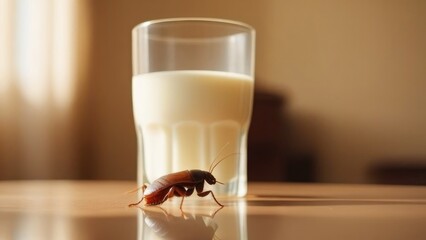 A cockroach is on the table next to a glass of milk.