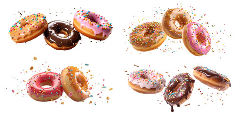 Collection of round donut doughnut, Colourful set, flying falling with sprinkles nuts topping frosting on transparent background cutout, PNG file. Many assorted different. Mockup template for artwork
