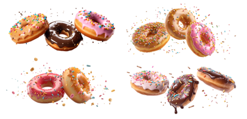 Collection of round donut doughnut, Colourful set, flying falling with sprinkles nuts topping frosting on transparent background cutout, PNG file. Many assorted different. Mockup template for artwork