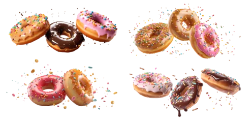 Foto op Aluminium Collection of round donut doughnut, Colourful set, flying falling with sprinkles nuts topping frosting on transparent background cutout, PNG file. Many assorted different. Mockup template for artwork © Sandra Chia