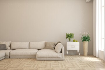 Fototapeta na wymiar Modern minimalist interior with sofa on empty white color wall background. Interior mockup. Scandinavian interior design. 3D illustration