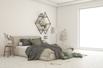 White bedroom concept. Scandinavian interior design. 3D illustration