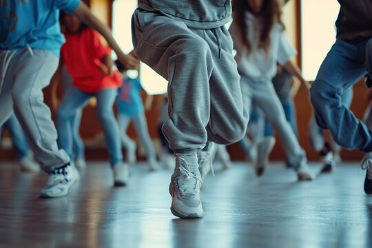 Happy children in stylish clothes dancing in choreography class - Powered by Adobe