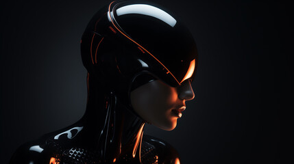 Portrait of the female robot in a black helmet. The person in a profile close up on a black background. New modern technologies.