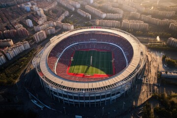 This captivating aerial photograph showcases a soccer stadium filled with enthusiastic fans and an intense match in progress, Majestic aerial view of a football stadium packed with fans, AI Generated