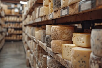 Indulge in the savory variety of cheeses, from rich parmigianoreggiano to tangy toma, displayed elegantly on an indoor shelf of delights