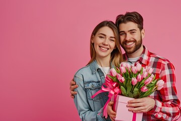 Happy young couple on pink background. Valentine's Day celebration.