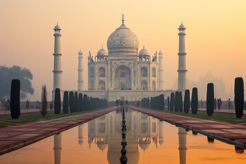 Fototapeta na wymiar A large white building sits next to a pool of water, creating a serene and picturesque scene, Majestic Taj Mahal on a foggy morning, AI Generated