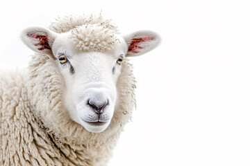 Fototapeta premium Close-up portrait of a white sheep on a plain white background