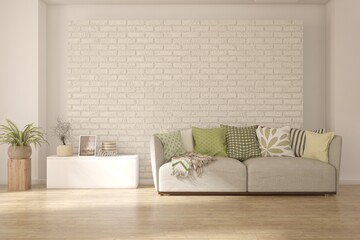 Naklejka premium White living room with sofa. Scandinavian interior design. 3D illustration
