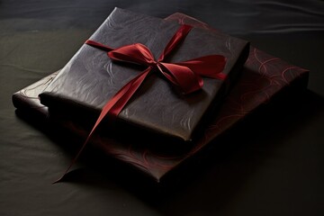 Two gifts, beautifully wrapped and adorned with a red ribbon, ready to be opened and enjoyed, Masculine, leather-wrapped Valentine's Day gift box, AI Generated