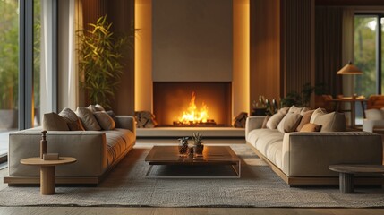 Fototapeta premium Elegant lounge with cozy fireplace, plush sofas, and classic decor
