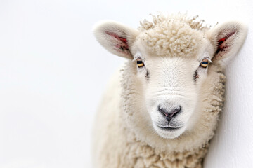 Close-up of a sheep's face against a white background