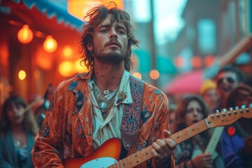Obraz premium A talented musician strums his guitar with passion, captivating the audience at an outdoor concert, his face alive with the soulful melodies of his music