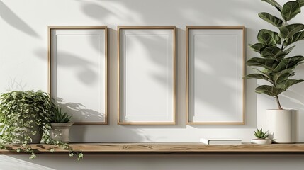 Three photo frame mockup on shelf.