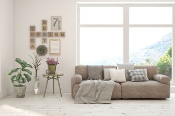 Fototapeta premium Modern interior concept with sofa and summer landscape in window. 3D illustration