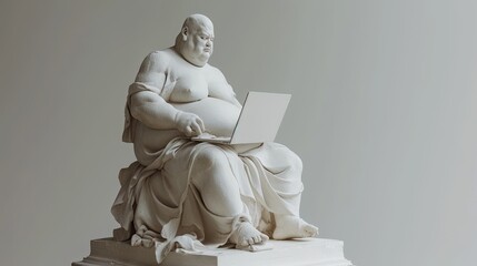 White marble statue representing an obese man sitting with a computer in his hands.