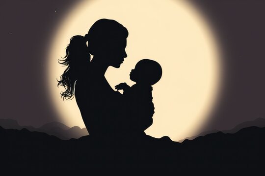 A captivating image of a woman holding a baby in front of a glowing full moon, Minimalistic silhouette artwork of a mother holding her baby, symbolizing the essence of Mothers Day, AI Generated