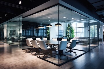 A glass-walled meeting room filled with natural light, equipped with a table and chairs for productive discussions, Modern corporate office with glass walls, AI Generated