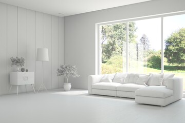 Grey living room concept with sofa and summer landscape in window. Scandinavian interior design. 3D illustration